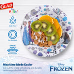 Glad for Kids Disney Frozen paper bowl with fruit and cereal plus icons indicating soak proof, cut resistant and microwavable