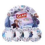 Close-up of a Glad for Kids Disney Frozen paper bowl showing Elsa, Anna and snowflake pattern on the rim