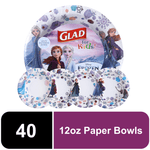 Glad for Kids paper bowls featuring Disney Frozen characters on packaging with a 12 oz label and patterned bowl samples