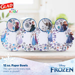 Four Glad Disney Frozen paper bowls shown side-by-side highlighting different character patterns and snowflake designs