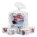 Clear-bagged stack of Glad for Kids Frozen paper snack bowls showing Frozen characters and a circular product label.