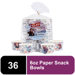 Packaged stack of Glad for Kids Frozen paper snack bowls with visible Frozen characters and label on white background.