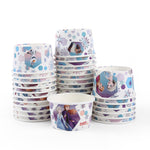 Several stacks of Glad Frozen themed paper snack bowls arranged on white background displaying character artwork.