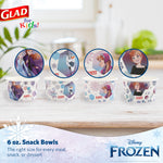 Four Glad for Kids Frozen snack bowls on a table with circular callouts above each showing different character designs.