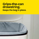 Open trash can lined with a Glad ForceFlex drawstring bag under headline 'Grips-the-can drawstring. Keeps the bag in place.'