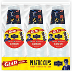 Retail pack of Glad Harry Potter plastic cups showing three stacked clear cup sleeves with Glad logo and yellow band reading Plastic Cups 32 ct.