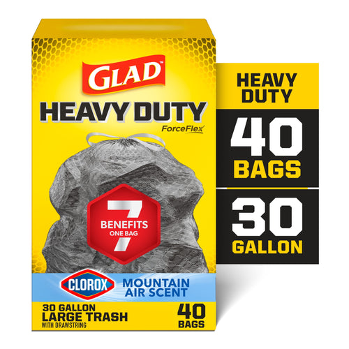 Yellow Glad heavy duty trash bag box with black textured trash bag image and callouts for 40 bags, 30 gallon