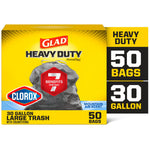 Glad Heavy Duty ForceFlex 30-gallon trash bag packaging with Clorox logo and bold yellow background showing 50 bags