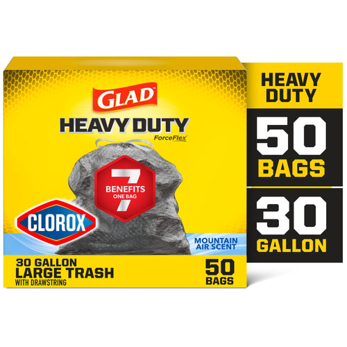 Glad Heavy Duty ForceFlex 30-gallon trash bag packaging with Clorox logo and bold yellow background showing 50 bags