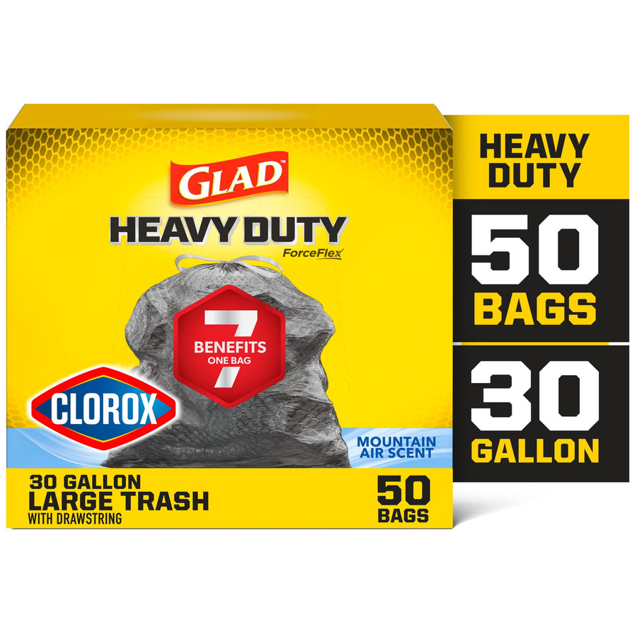 Glad Heavy Duty ForceFlex 30-gallon trash bag packaging with Clorox logo and bold yellow background showing 50 bags