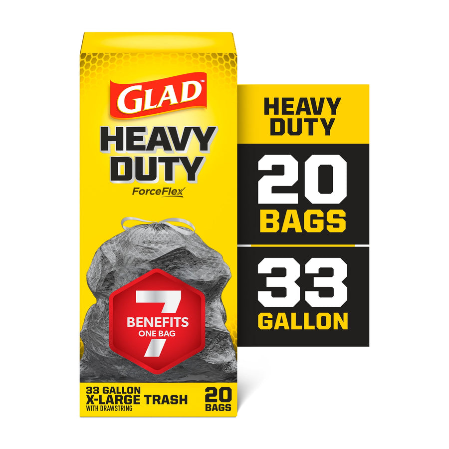 Front-facing Glad Heavy Duty ForceFlex 33-gallon trash bag box showing brand, bag image and '20 bags' callout