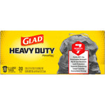Horizontal Glad Heavy Duty ForceFlex box label showing logo, crumpled bag image and feature list with capacity icon