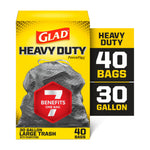 Glad Heavy Duty ForceFlex yellow box showing textured black trash bag and callout for 40 bags and 30 gallon capacity