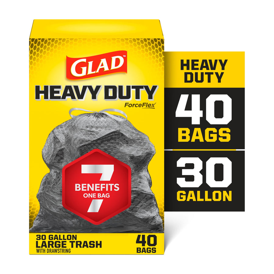 Glad Heavy Duty ForceFlex yellow box showing textured black trash bag and callout for 40 bags and 30 gallon capacity