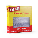 Angled studio shot of Glad heavy duty forks box showing crystal clear plastic forks through window