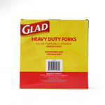 Rear view of Glad heavy duty forks yellow and red packaging showing dishwasher-safe and barcode panel