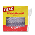 Yellow and red Glad box of heavy duty crystal clear plastic forks with visible stacked forks