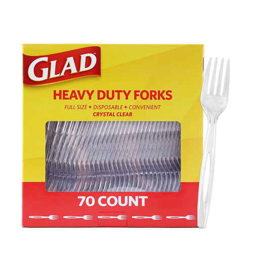 Yellow and red Glad box of heavy duty crystal clear plastic forks with visible stacked forks