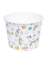 Close-up of Glad paper snack bowl interior and unicorn rainbow exterior pattern