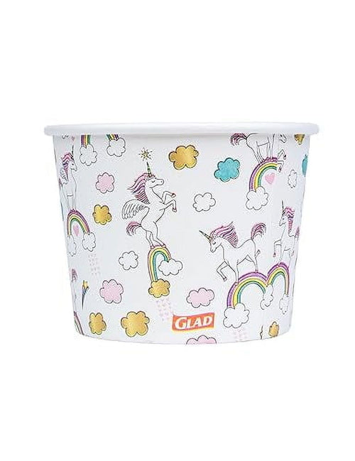 Single Glad paper snack bowl with unicorn, rainbow and cloud pattern on white background