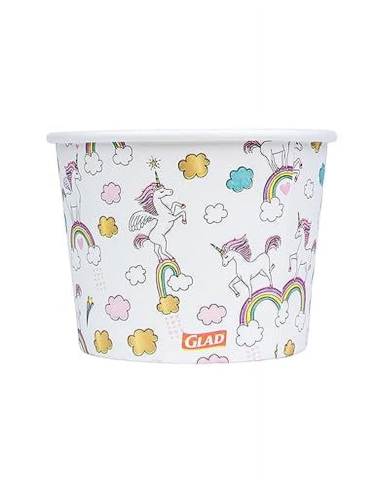 Single Glad paper snack bowl with unicorn, rainbow and cloud pattern on white background