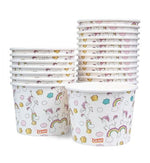Several stacked Glad unicorn paper snack bowls showing repeat rainbow and cloud design