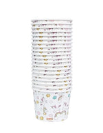 Tall vertical stack of Glad unicorn-printed paper snack bowls against white background