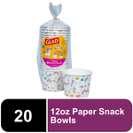 Wrapped pack of Glad kids unicorn paper snack bowls with two bowls shown, rainbow unicorn print