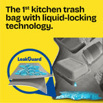 Bright yellow infographic showing LeakGuard liquid-locking technology with a schematic layer and spilled blue liquid illustration
