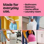 Collage of four photos showing bags used in bathroom, bedroom, home office and laundry with 'Made for everyday use' header