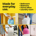 Grid of four photos showing people tying and lifting trash bags with headline 'Made for everyday use.' and room use list