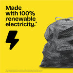 Yellow graphic with black lightning icon and text stating bags are made with 100% renewable electricity alongside a Glad trash bag image