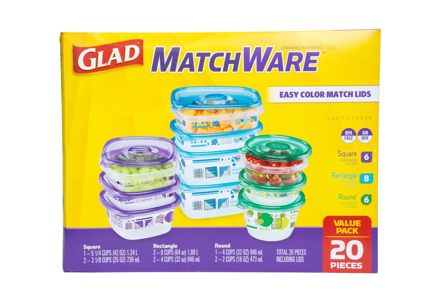 Glad MatchWare packaging front with pictured stacks of color-matched plastic food containers and a red value pack 20 pieces badge.