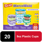 Bright yellow Glad MatchWare value pack box showing stacked colorful round, square and rectangular plastic food containers with lids.
