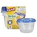 Glad To Go medium round clear plastic container with blue lid shown beside boxed pack