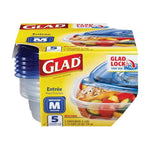 Close-up of Glad packaged medium square entrée containers with yellow branding and blue lids