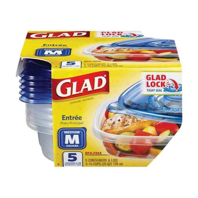 Close-up of Glad packaged medium square entrée containers with yellow branding and blue lids