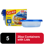 Packaged Glad medium square food storage containers with blue lids and product box