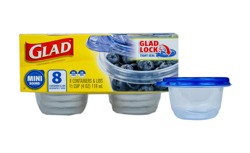Glad mini round containers retail box with visible product image and a single clear container with blue lid