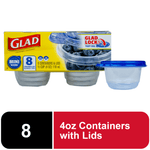 Glad mini round plastic containers in yellow retail box with one blue-lidded container beside it