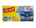 Yellow Glad retail box for mini round containers showing Glad logo, Glad Lock graphic, and blueberries image