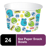 Glad branded paper snack bowl decorated with Monsters, Inc. character faces and dots.