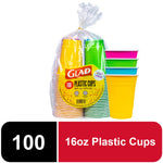Clear bag of multicolored Glad plastic party cups with visible Glad label and stacked pink, green, blue, yellow cups