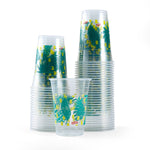 Multiple stacks of Glad clear plastic cups with teal leaf print and a single cup displayed in front on white