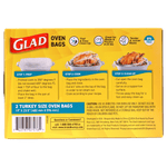 Back of Glad oven bags box showing prep, cook and clean-up instructions with product icons and measurements