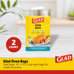 Glad oven bags product box on a light kitchen surface with red '2 count' badge and Glad branding