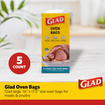 Glad oven bags product box displayed on a light tabletop with a red 5 count badge and Glad logo