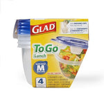 Packaged Glad To Go round medium food containers with blue lids shown in front of yellow box
