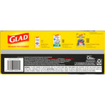 Bottom panel of Glad packaging showing row of product variations, barcode and warning text on yellow background