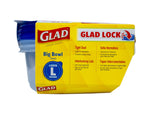 Glad packaging sleeve showing product branding, Glad Lock logo and features on yellow background wrapped around blue-lidded containers.